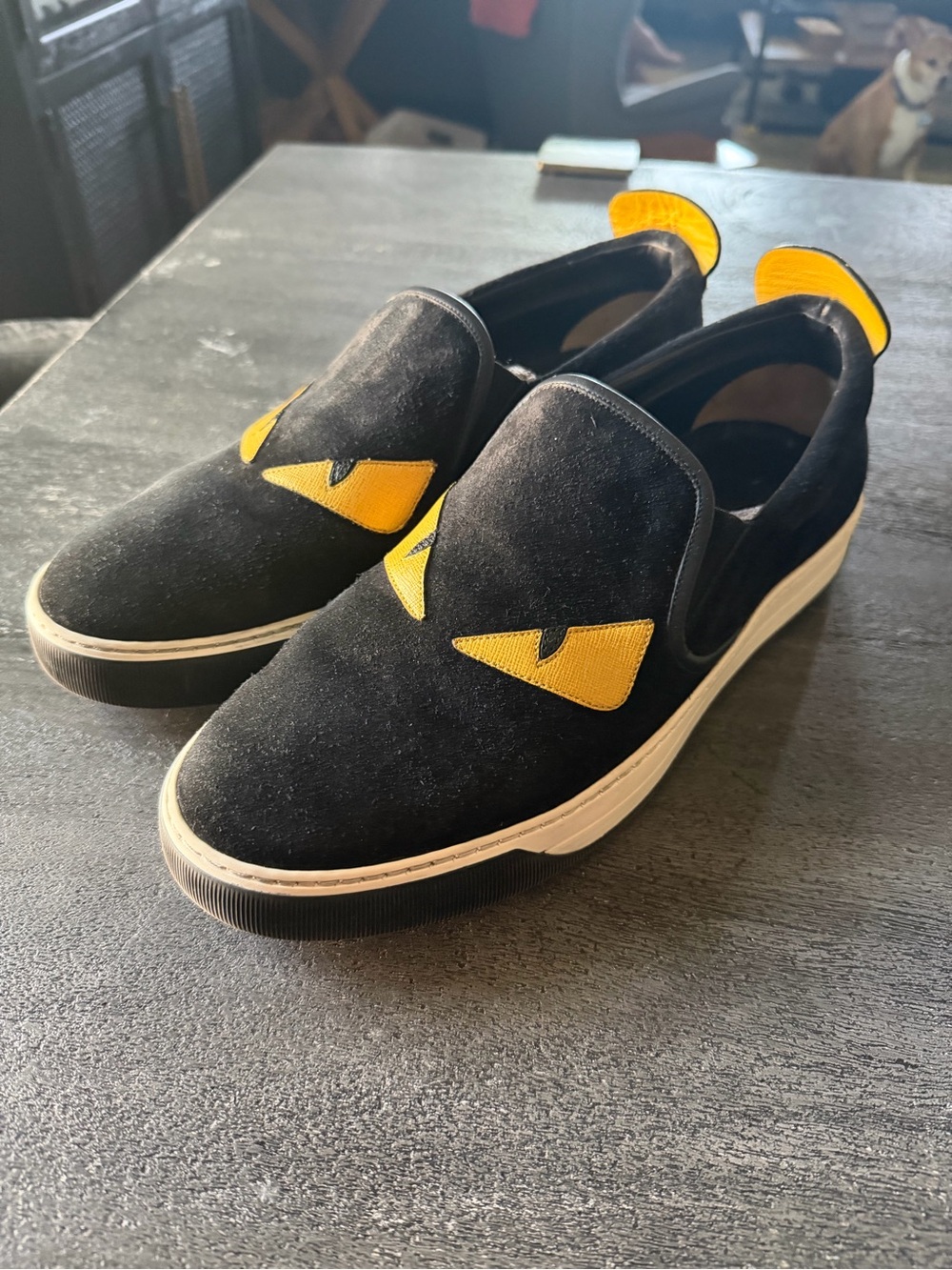Fendi Black Monster Suede Slip-On Loafers with Yellow Eye Detail